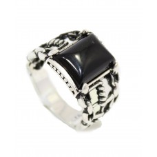Ring Silver Sterling 925 Black Onyx Stone Men's Handmade Hand Engraved A937